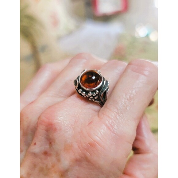 Artisan crafted Amber gemstone cabochon Ring  Sterling Silver 925 Vintage 7.75-8 - Picture 1 of 14